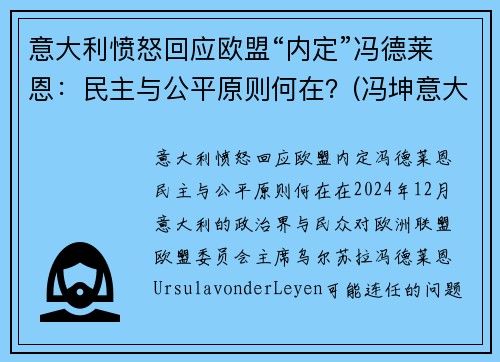 意大利愤怒回应欧盟“内定”冯德莱恩：民主与公平原则何在？(冯坤意大利)