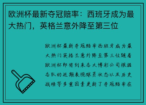 欧洲杯最新夺冠赔率：西班牙成为最大热门，英格兰意外降至第三位